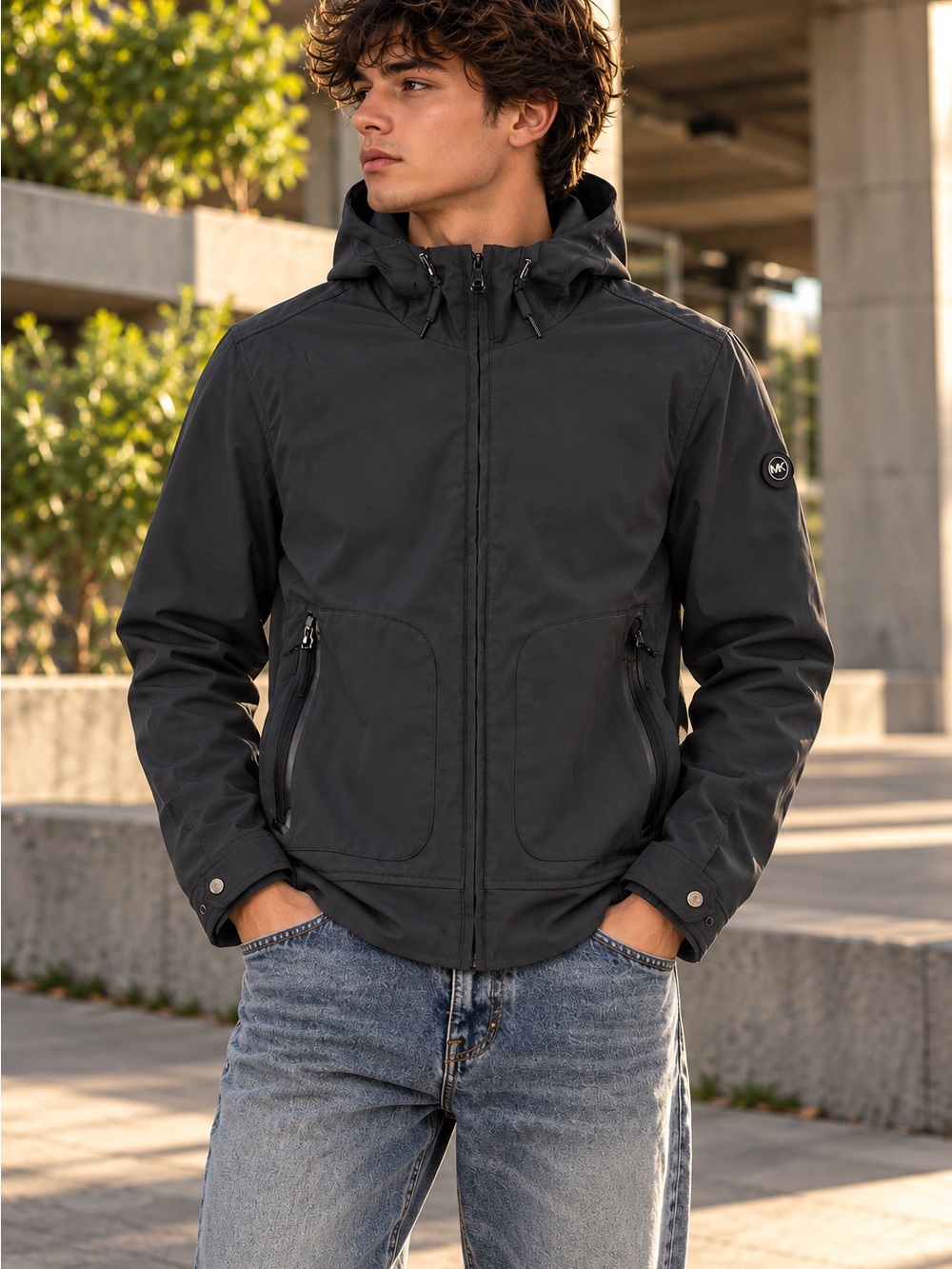 Michael Kors Men’s Hooded Softshell Jacket Black Gray Full Zip Size M